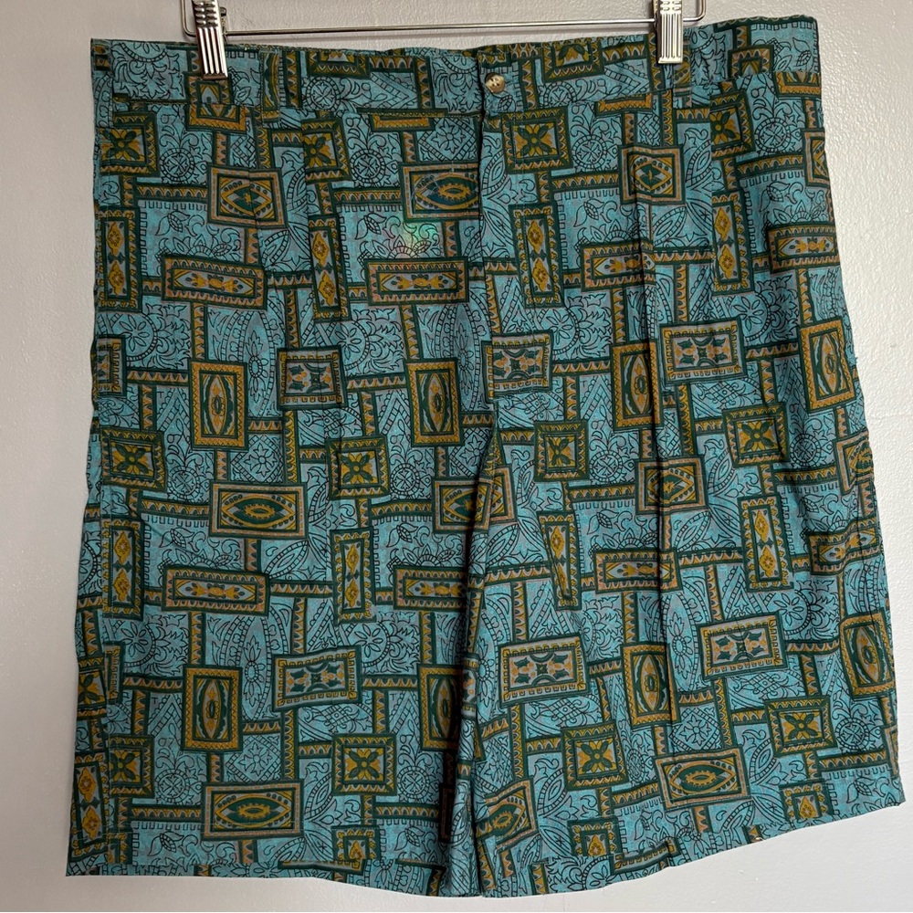 VTG 90s Woolrich Men Shorts 100% Cotton Midcentury Pattern Teal Olive Madmen 38"